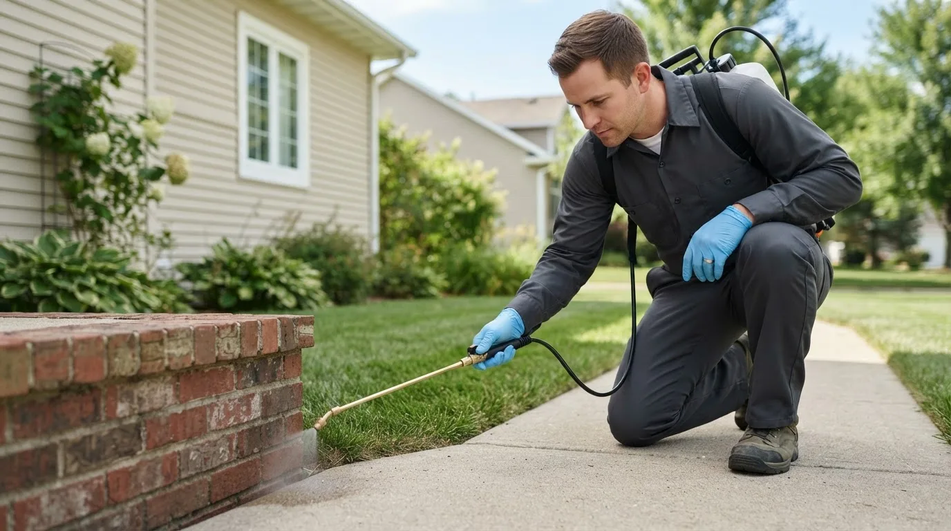 Pest control technician treating a home near Hamilton, KS